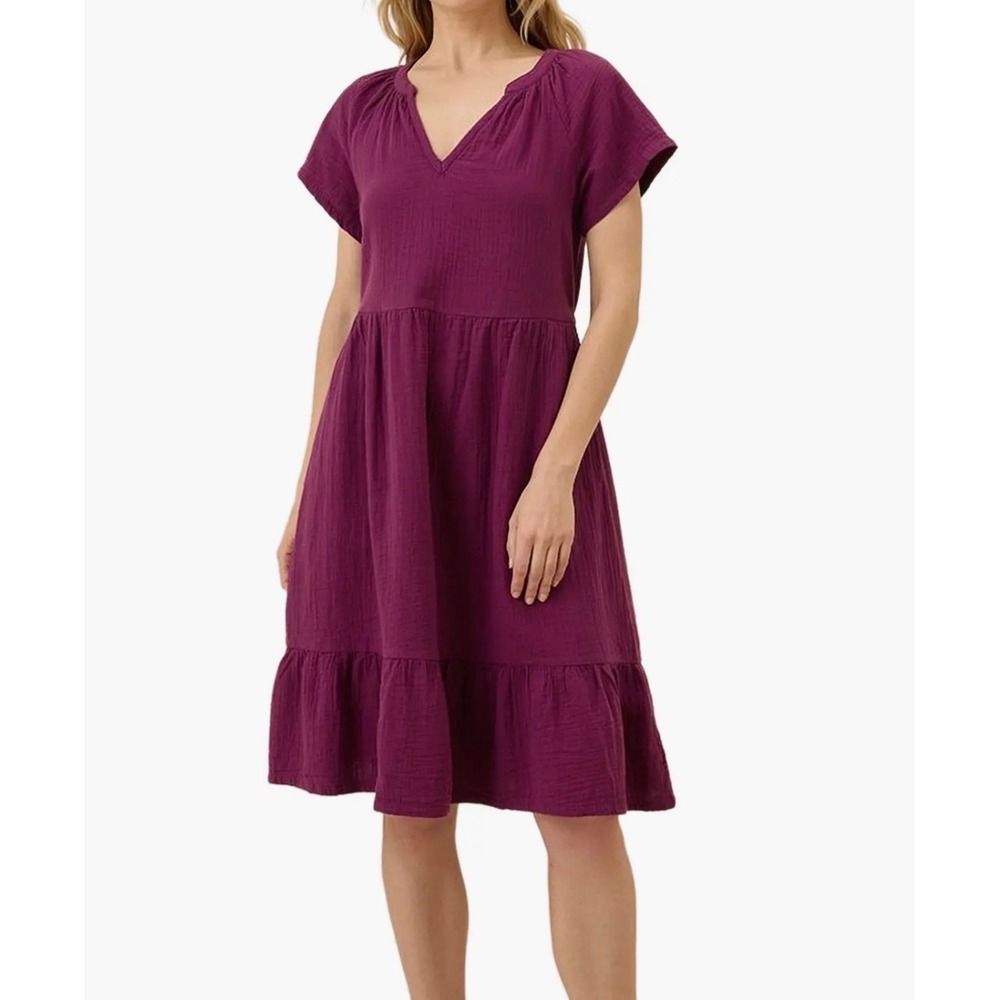 Pact Organic Cotton Gauze Breezy Tiered Midi Dress Sangria V-Neck Short Sleeve L